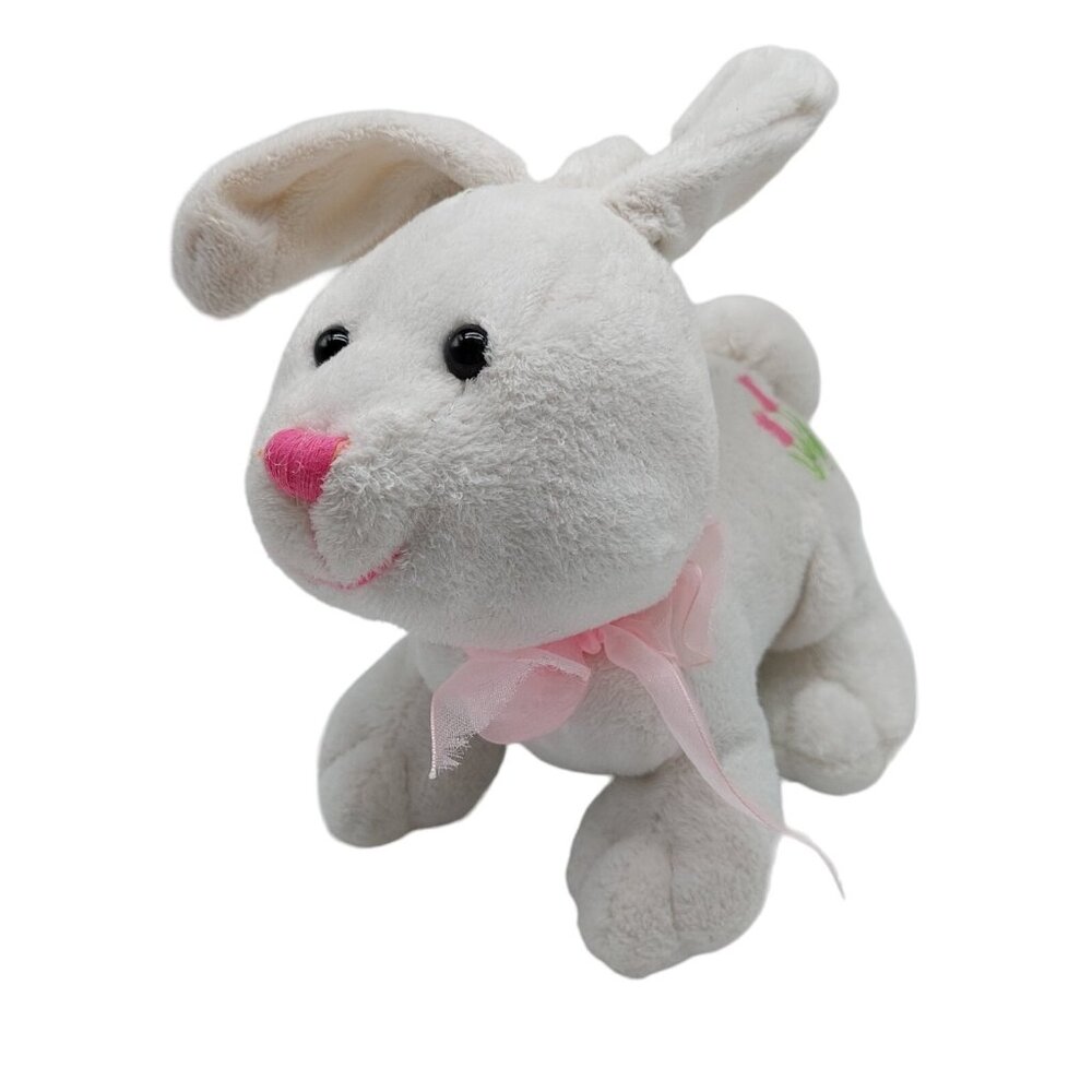 Aurora White Bunny Rabbit With Pink Tulips On Side Plush Stuffed Animal Easter